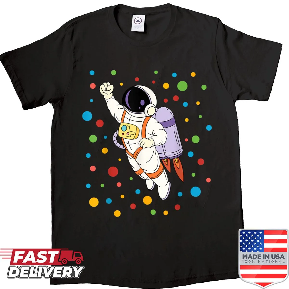 Kids t-shirt with astronaut design and colorful polka dots for fun occasions