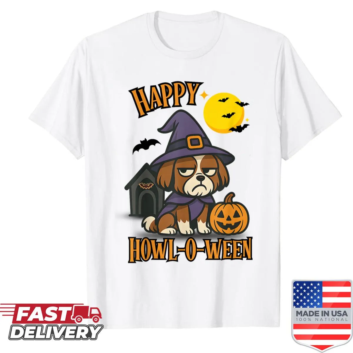 Cute Shih Tzu design with 'Happy Howl-o-ween' text on Halloween shirt