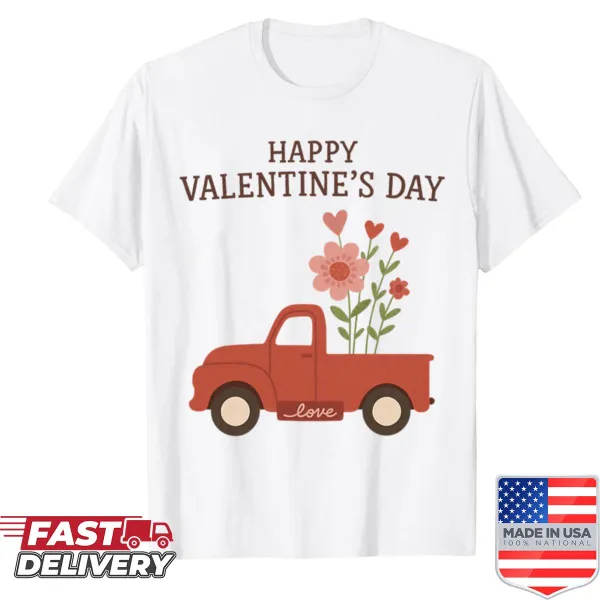Retro-style shirt featuring a red truck with flowers for Valentine's Day.
