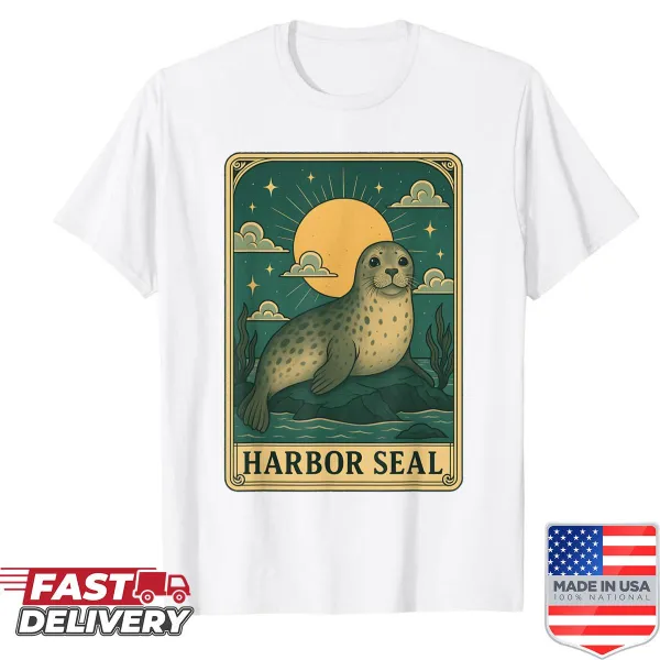 Illustrated harbor seal tarot card graphic on a t-shirt