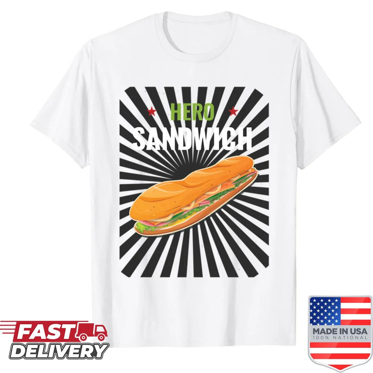Playful T-shirt featuring a cartoon hero sandwich