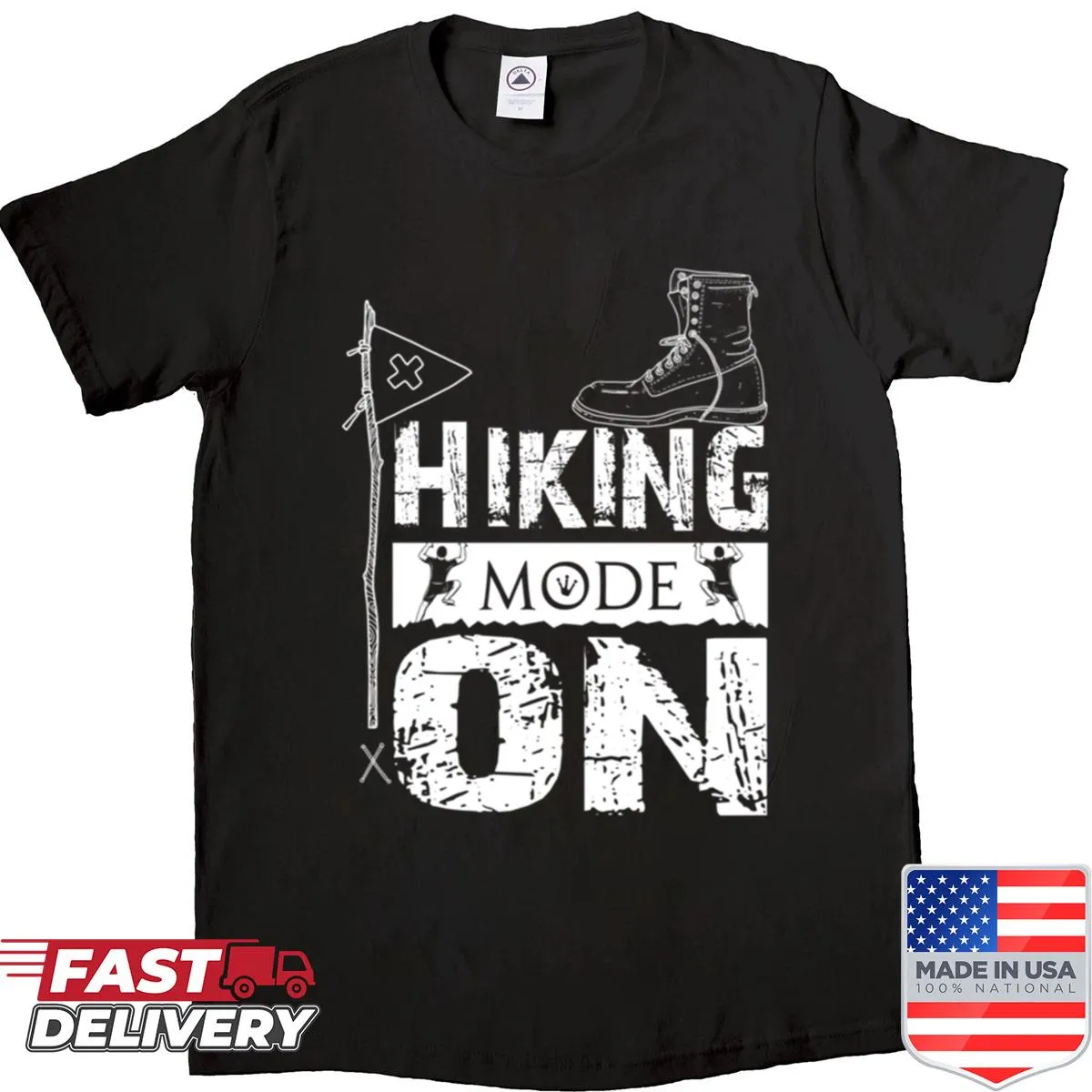Shirt featuring a graphic of hiking boots for outdoor enthusiasts