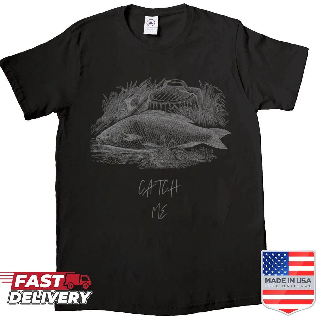 Funny fishing t-shirt featuring 'Catch Me' text and whimsical design