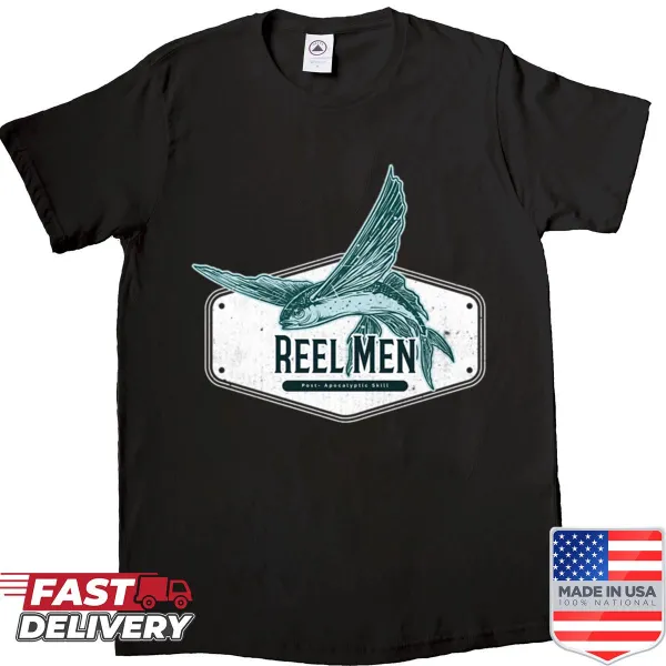 Vintage-style fishing reel graphic on a t-shirt