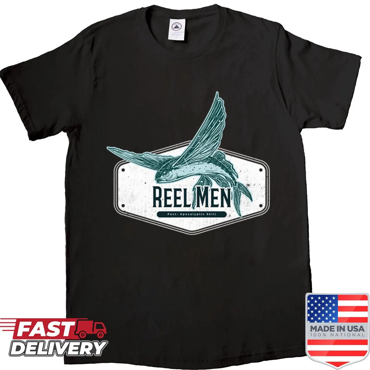 Vintage-style fishing reel graphic on a t-shirt