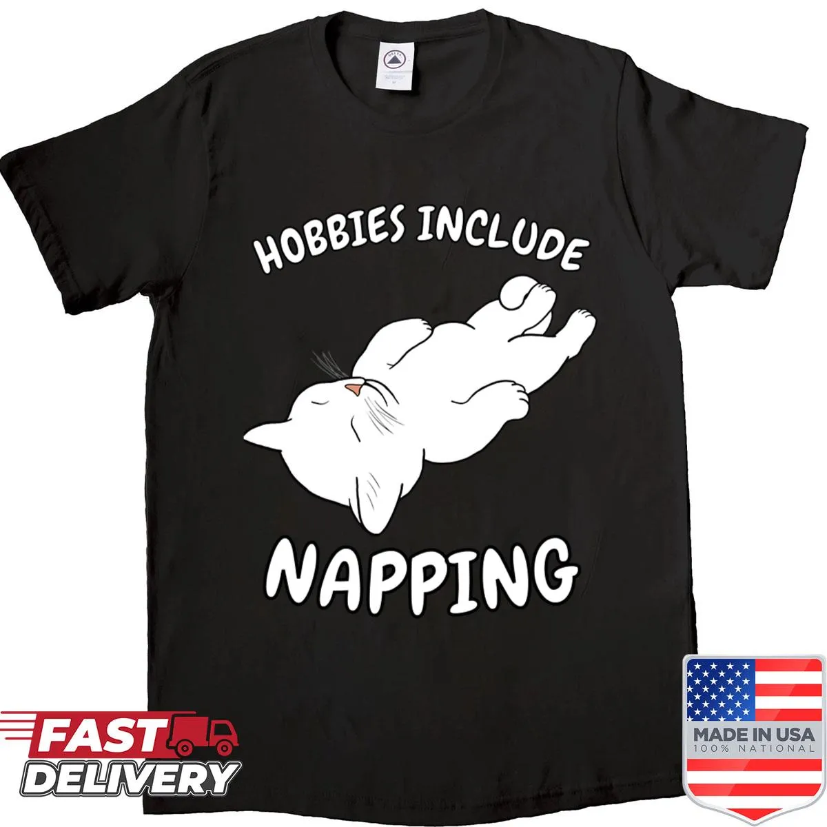 Illustrated shirt of a sleeping white cat with a napping theme
