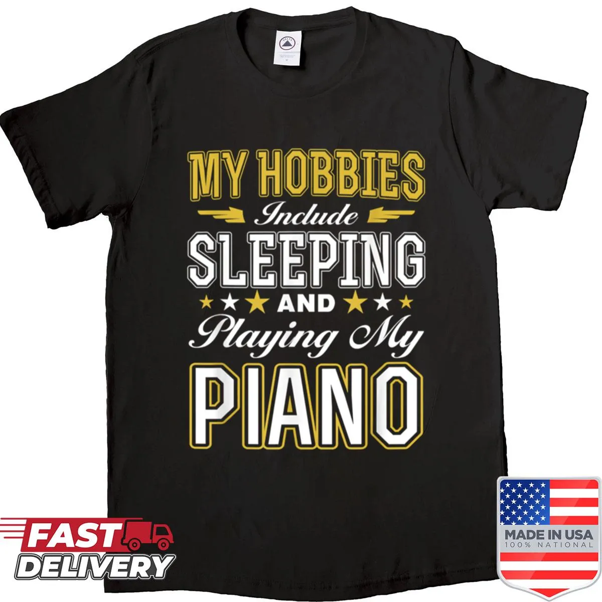 Cute t-shirt illustrating sleeping and playing piano hobbies