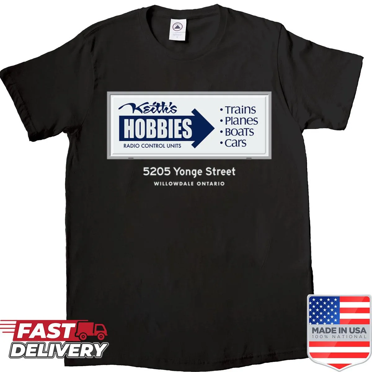 Minimalist Hobby Shop t-shirt with bold typography.