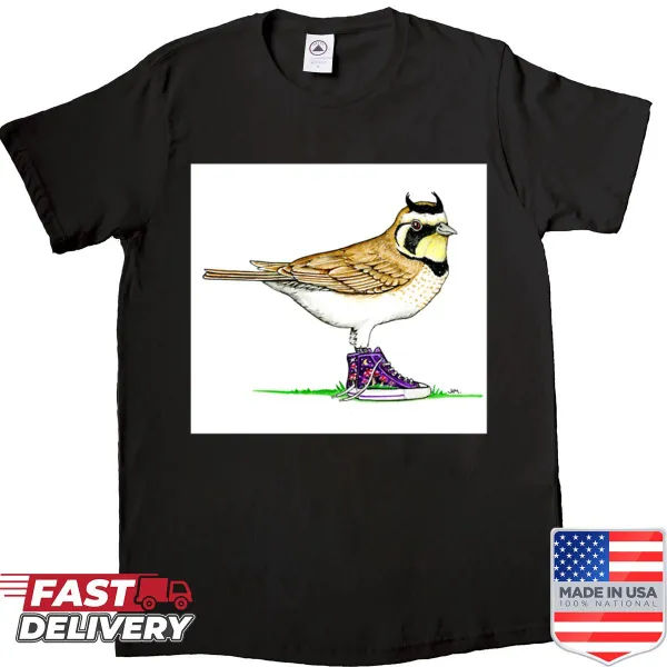 Whimsical horned lark graphic wearing high-tops on a shirt