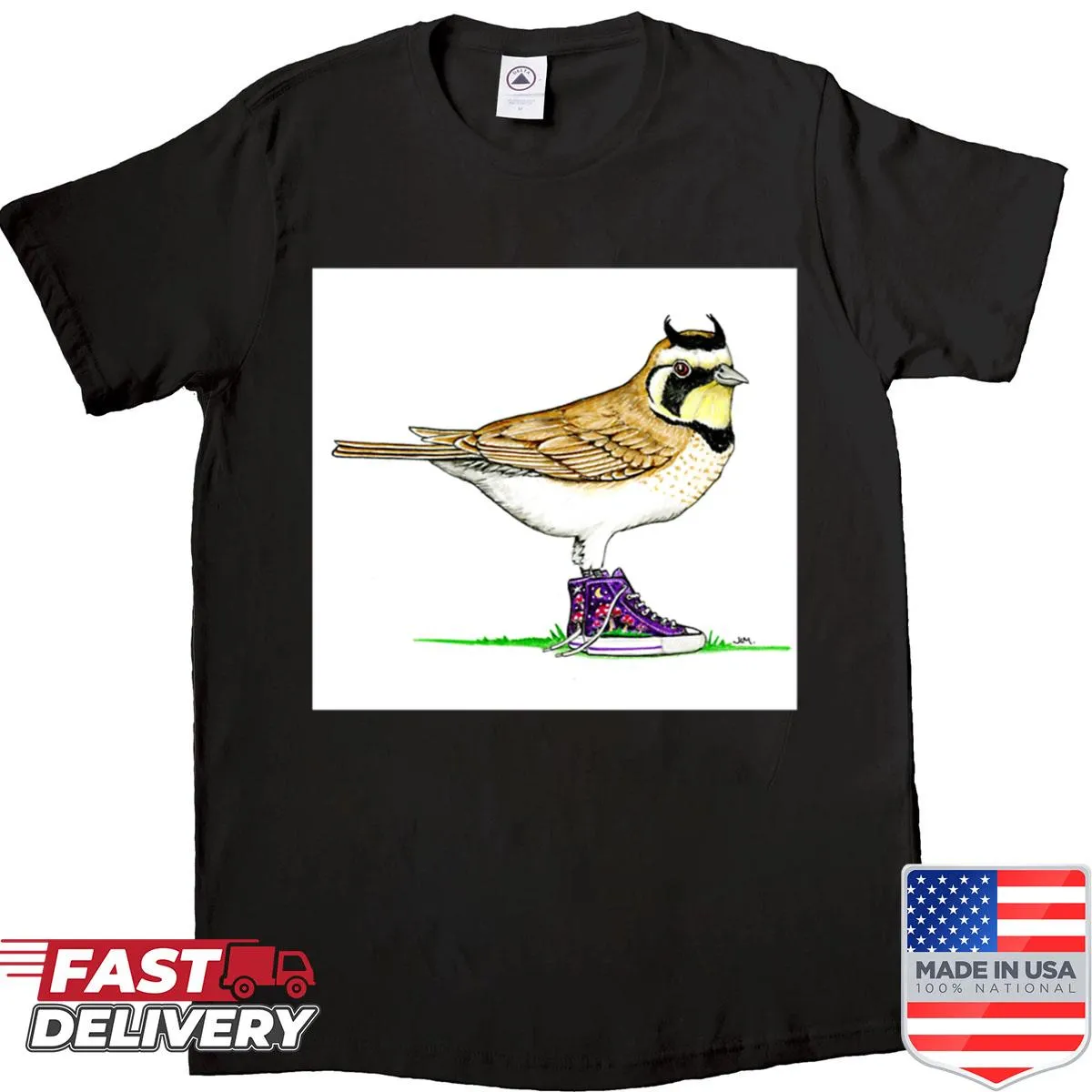 Whimsical horned lark graphic wearing high-tops on a shirt
