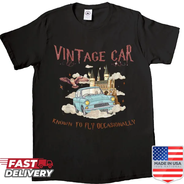 Cute flying car with fairies illustration on a humorous vintage shirt