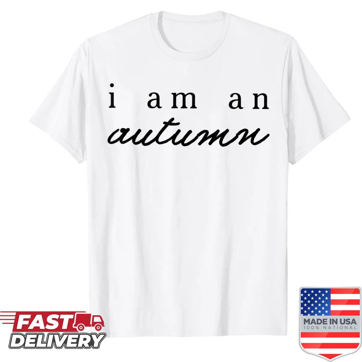 Autumn-themed shirt with illustrated pumpkin and fall leaves design.