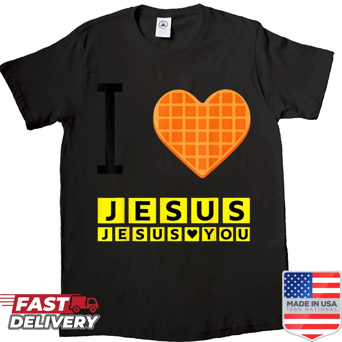 Funny Christian shirt with waffle heart graphic and text about loving Jesus.