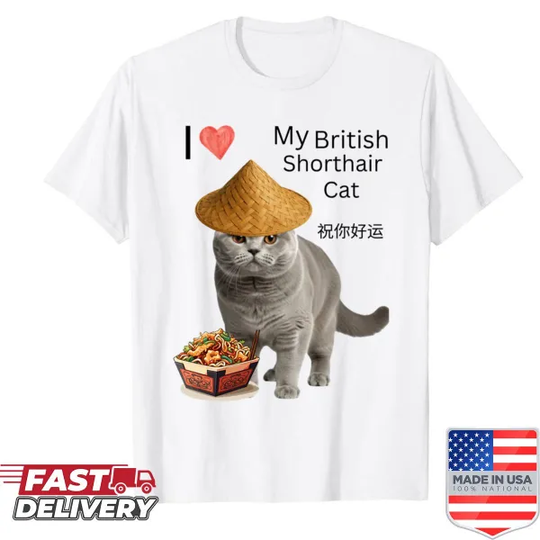 Doodle design shirt featuring a British Shorthair cat illustration