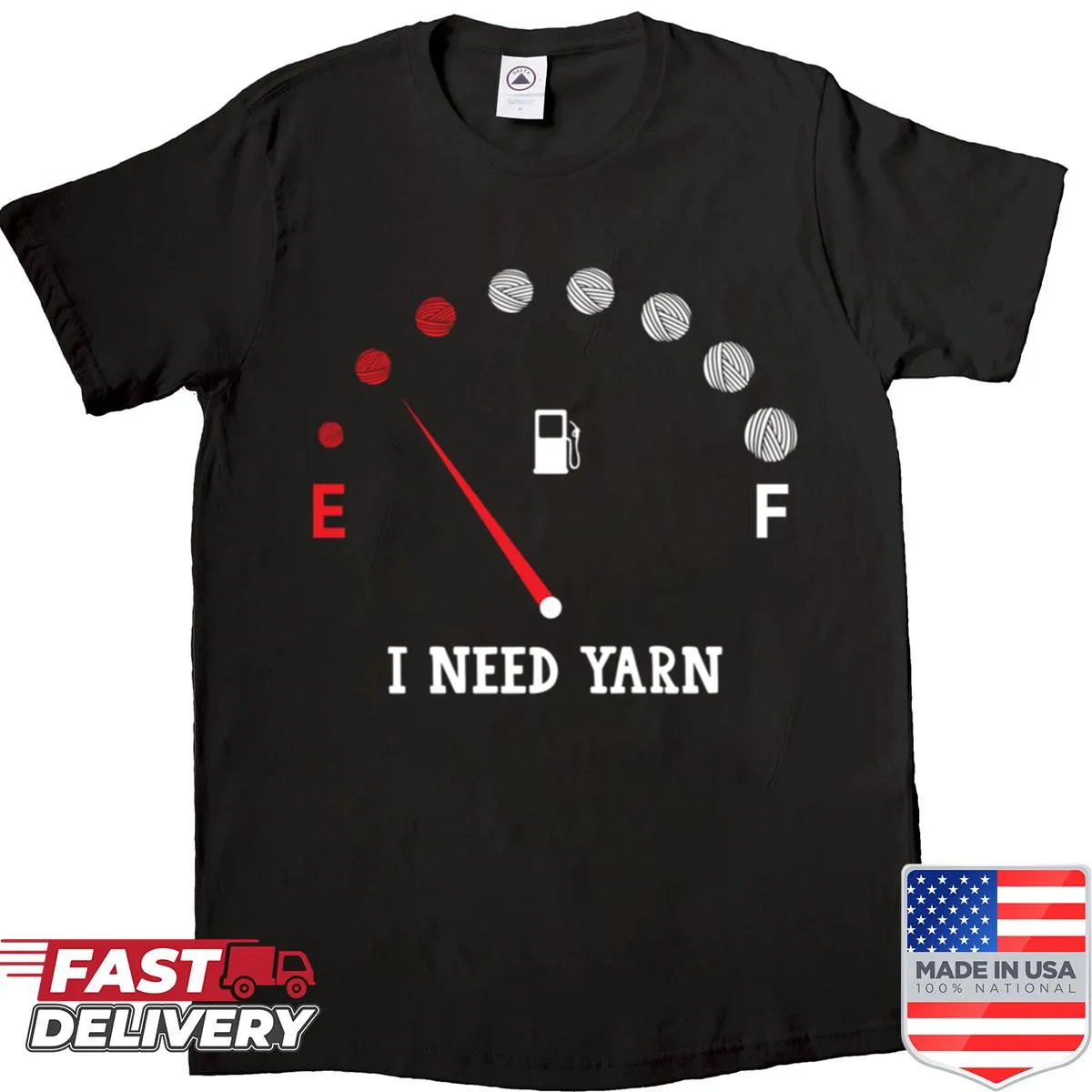 Playful typography expressing love for yarn on a T-shirt