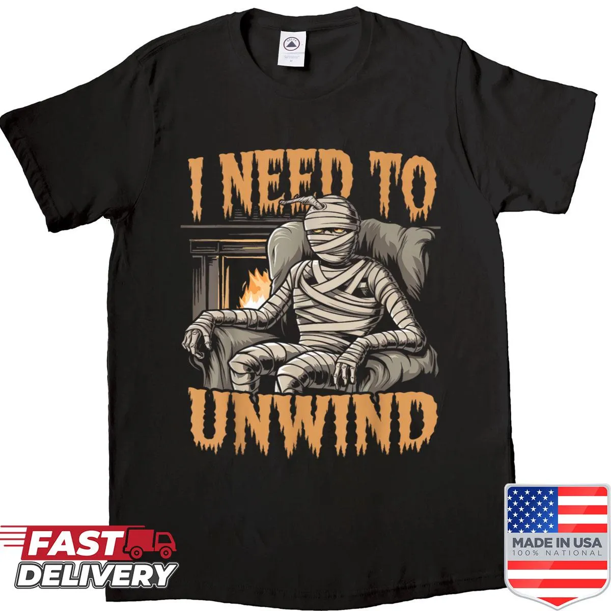 Funny Halloween shirt with 'I Need To Unwind' text and mummy theme