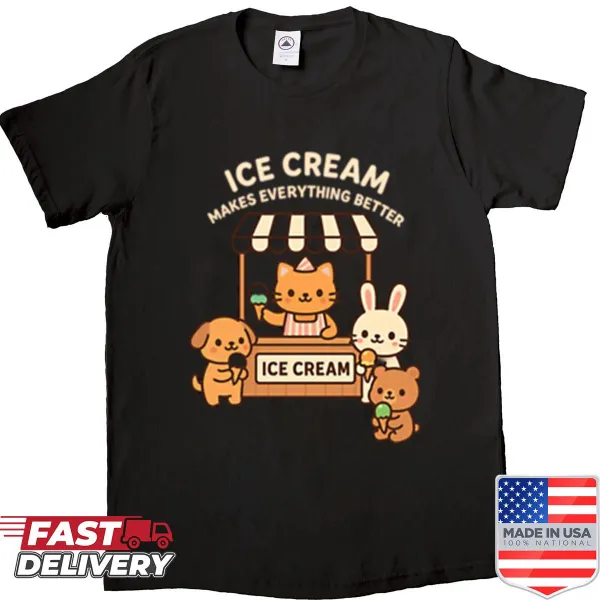 Cute shirt with animals enjoying ice cream at a stand.