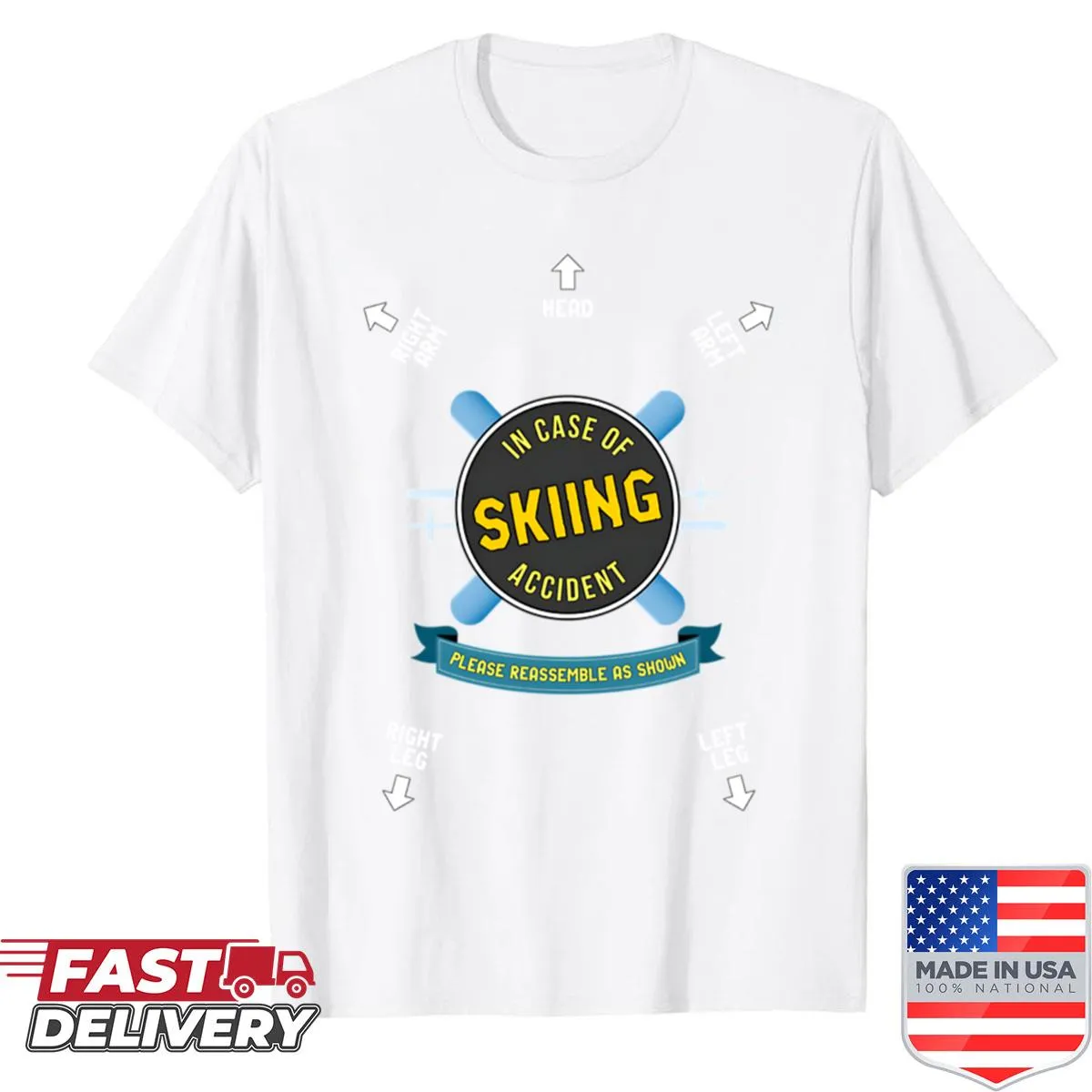 Quirky ski accident instructions graphic on a shirt