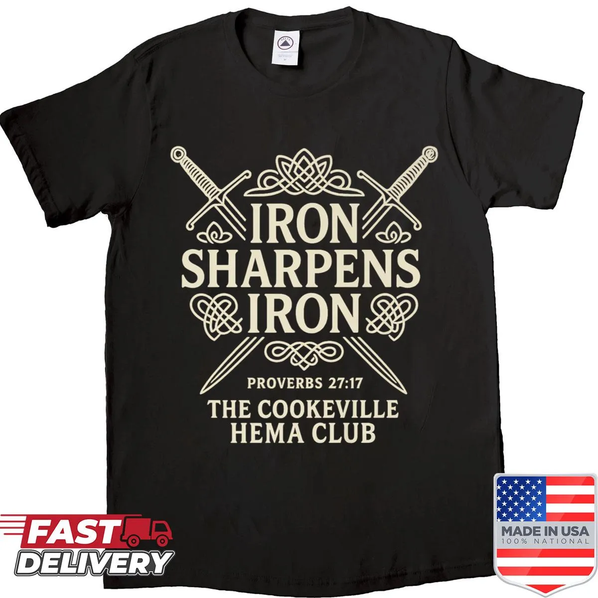 Typography shirt featuring the phrase 'Iron Sharpens Iron' inspired by Proverbs 27:17