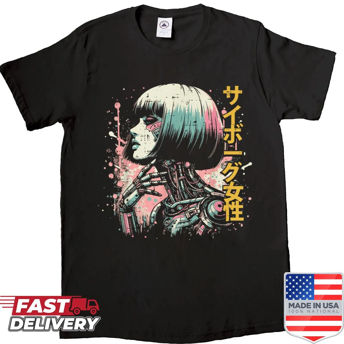 Futuristic cyborg woman shirt with cyberpunk art