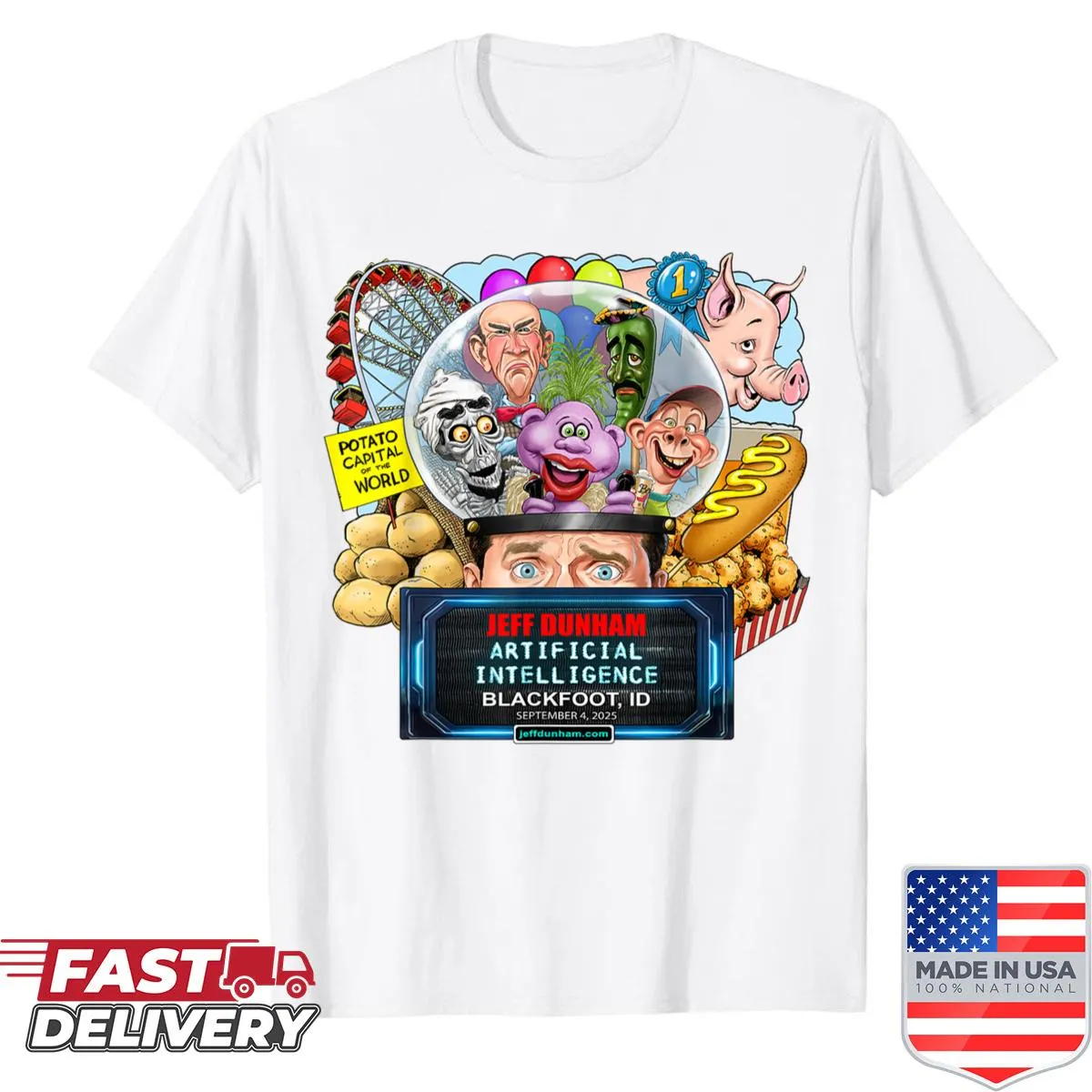 Graphic tee honoring comedian Jeff Dunham with playful design