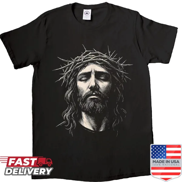 Illustrative shirt featuring Jesus with crown of thorns design