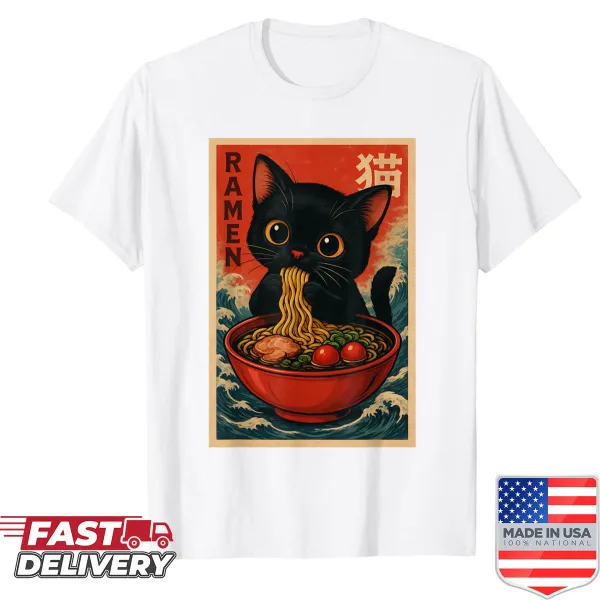 Cute anime cat graphic with ramen on a fun shirt