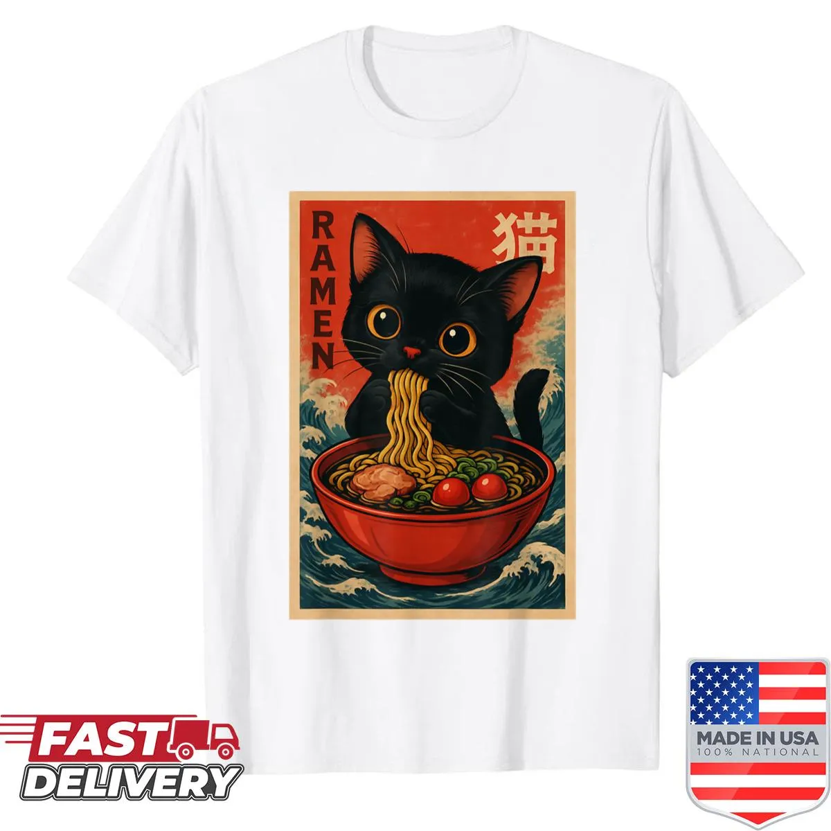 Cute anime cat graphic with ramen on a fun shirt