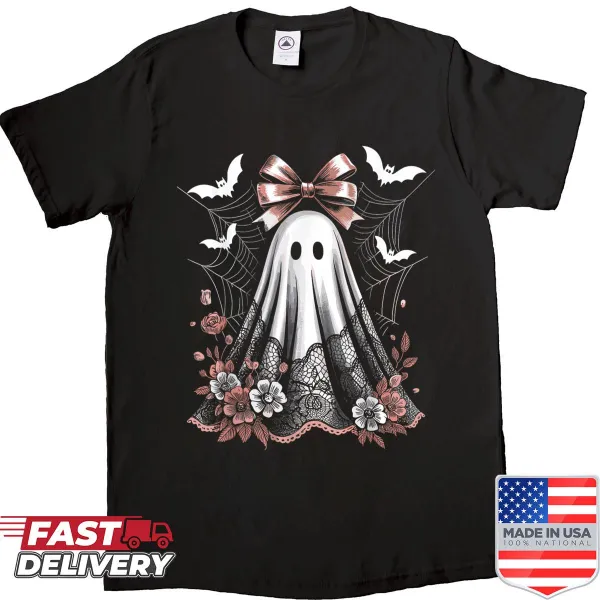 Vintage Halloween shirt with a lace ghost and bow design.