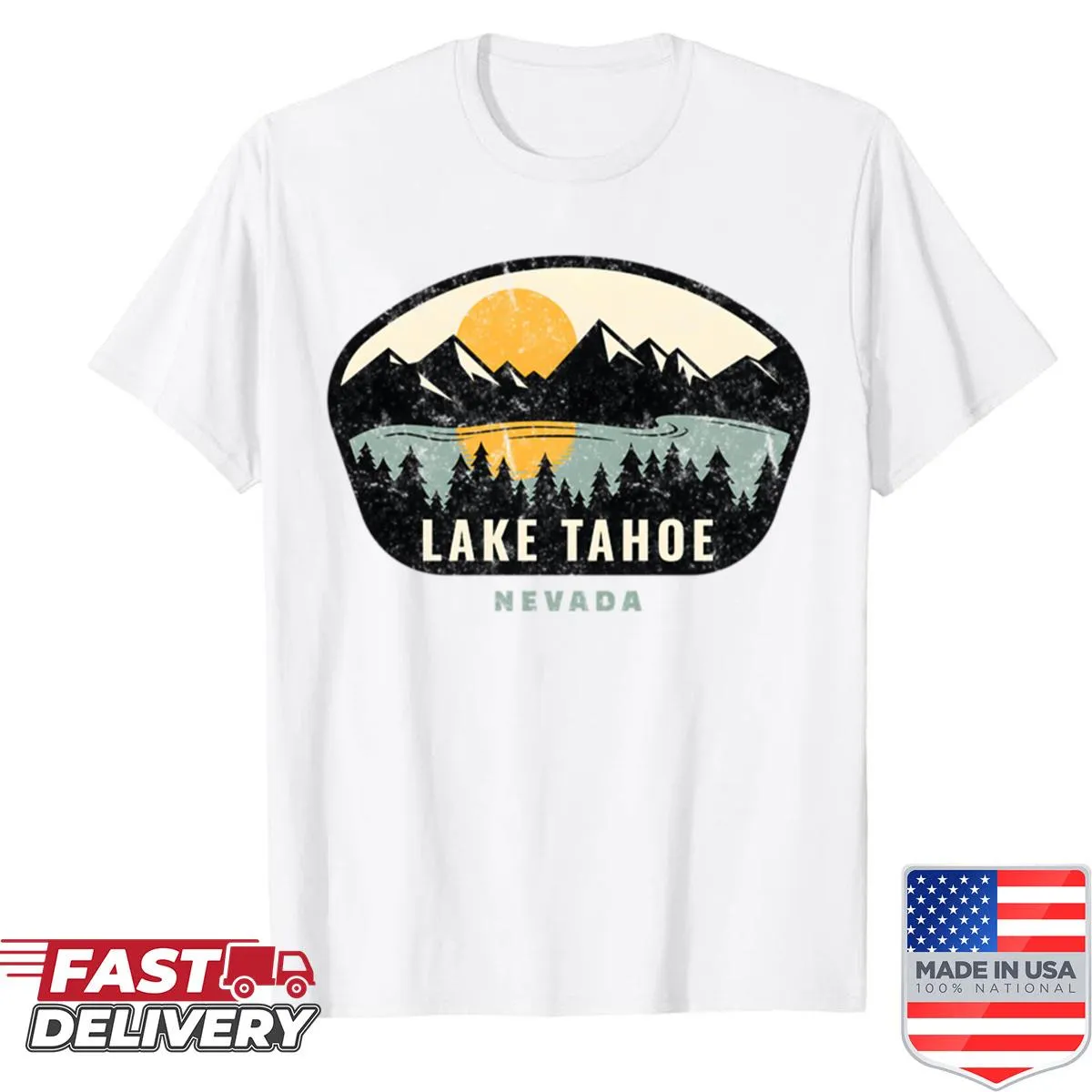 Illustration of Lake Tahoe on a vacation-themed shirt.