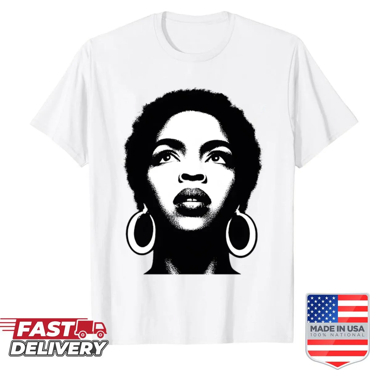 Black and white portrait of Lauryn Hill on a shirt, celebrating her iconic music career.