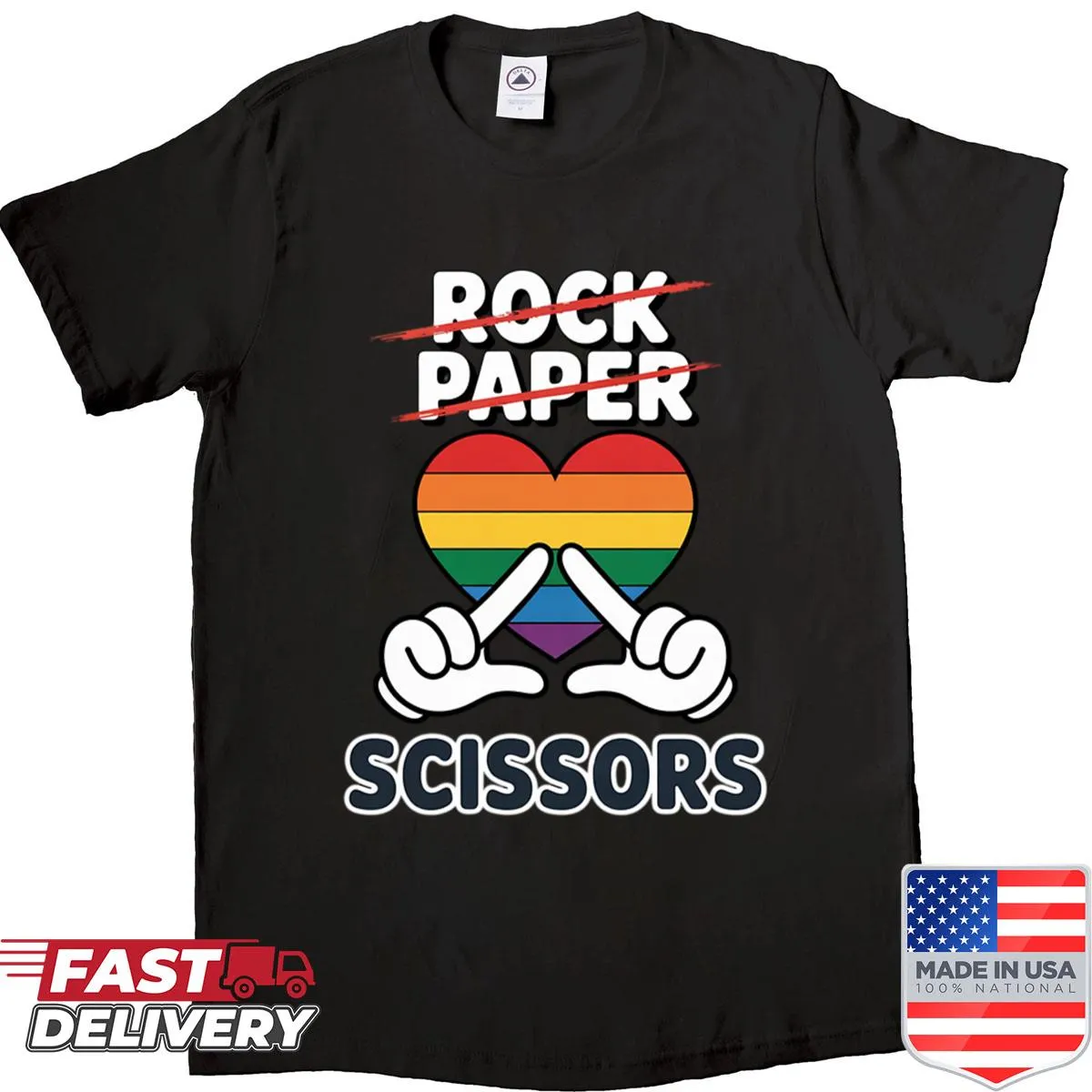 Rock-paper-scissors shirt with lesbian pride flag design
