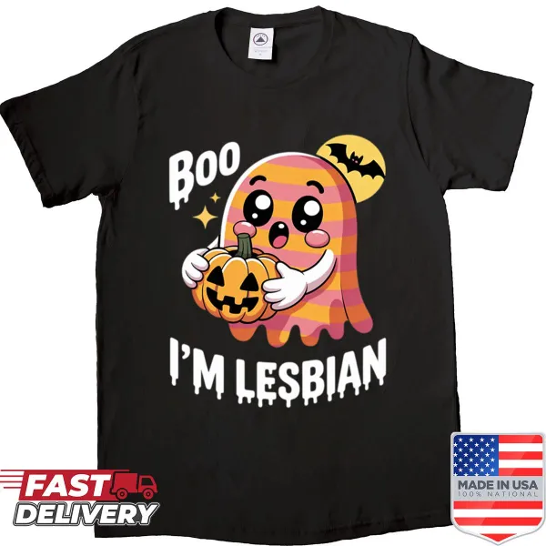 Cute Halloween shirt with ghost and lesbian flag design