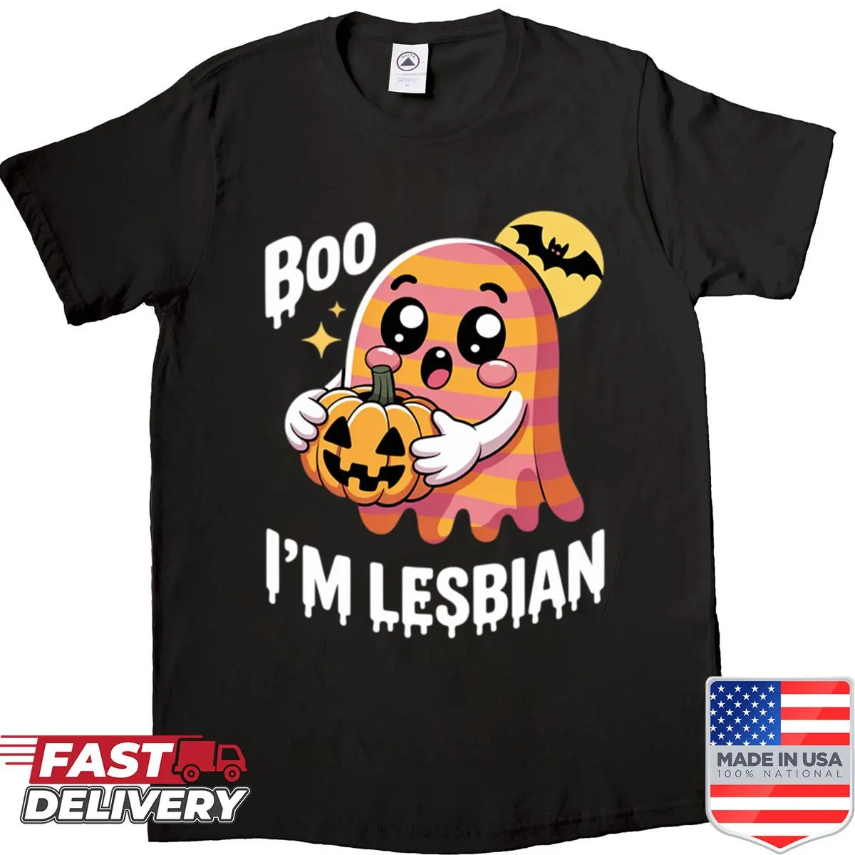 Cute Halloween shirt with ghost and lesbian flag design