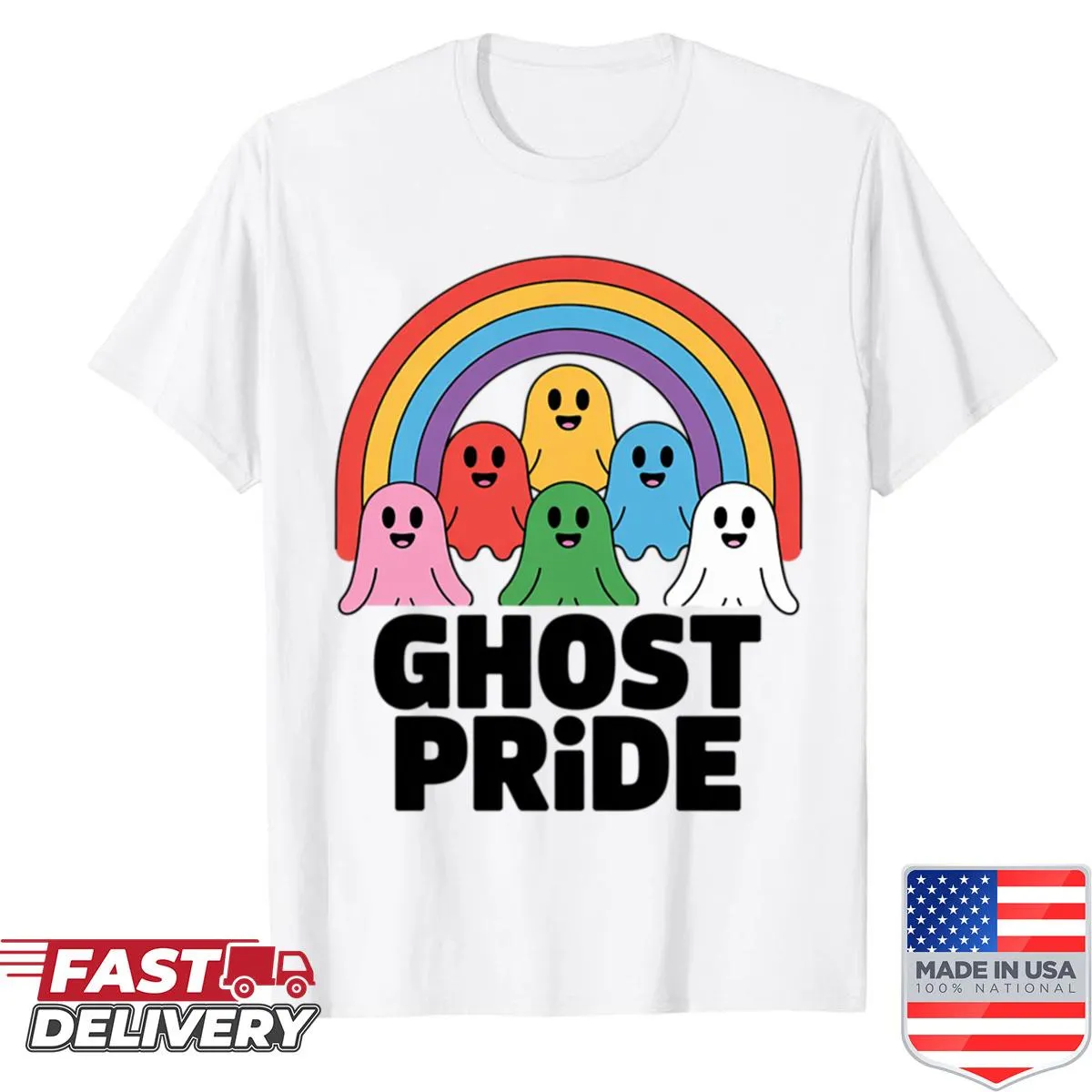 Cute Halloween shirt with ghosts and rainbow flags
