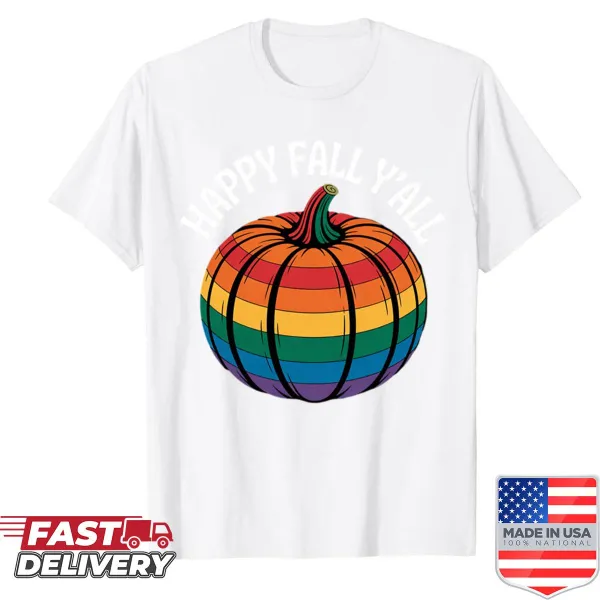Cute shirt with a rainbow flag pumpkin design, perfect for Halloween and Pride celebrations.