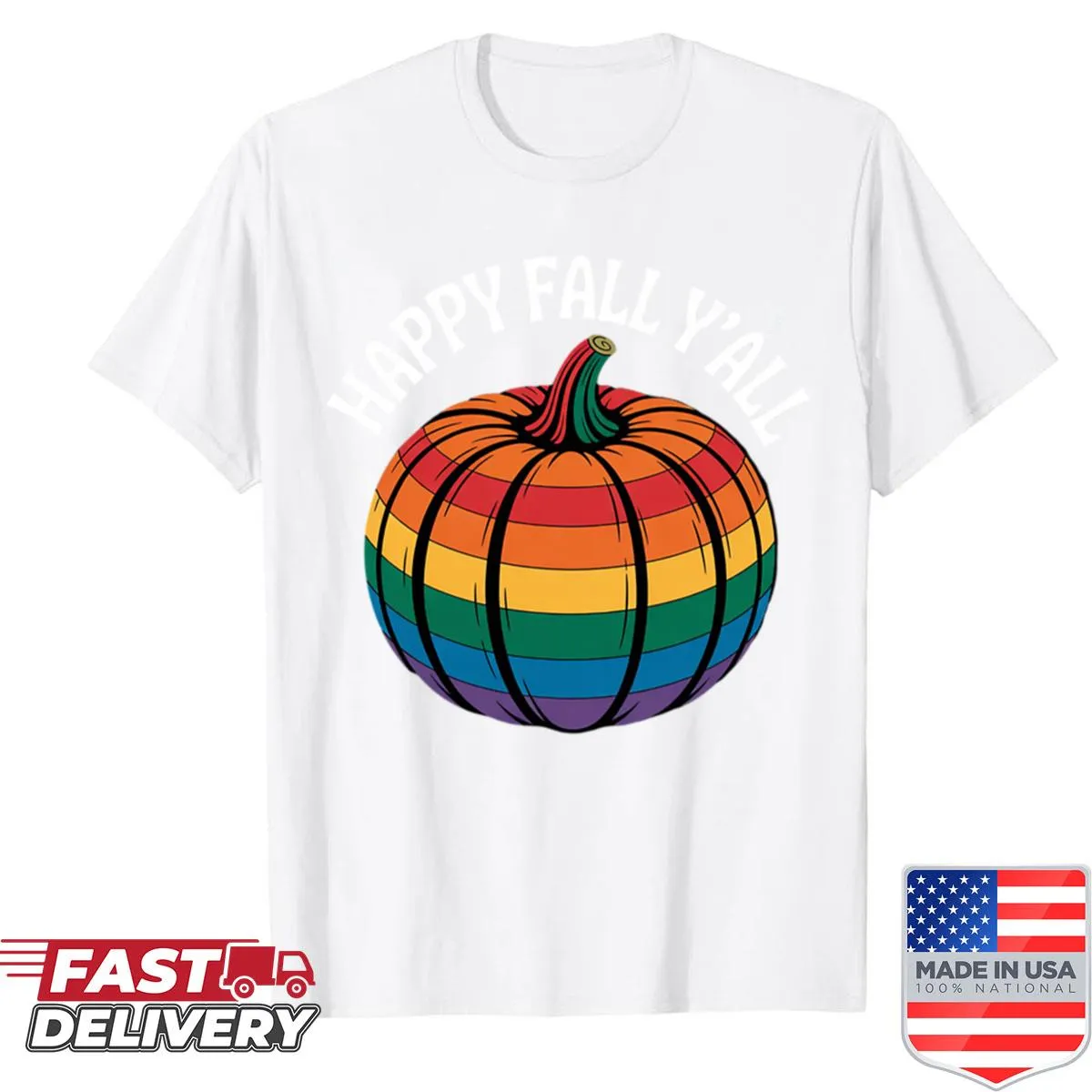 Cute shirt with a rainbow flag pumpkin design, perfect for Halloween and Pride celebrations.