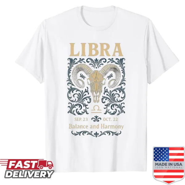 Shirt featuring Libra themes of balance and harmony in elegant typography