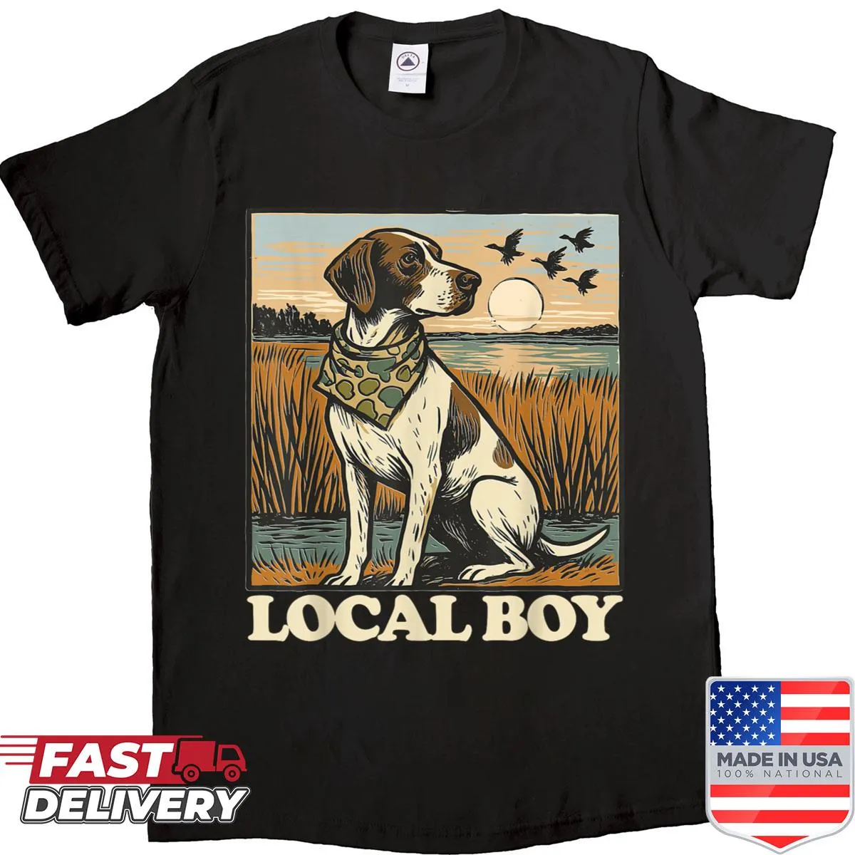 Vintage Local Boy shirt featuring a hunting dog in a marsh scene