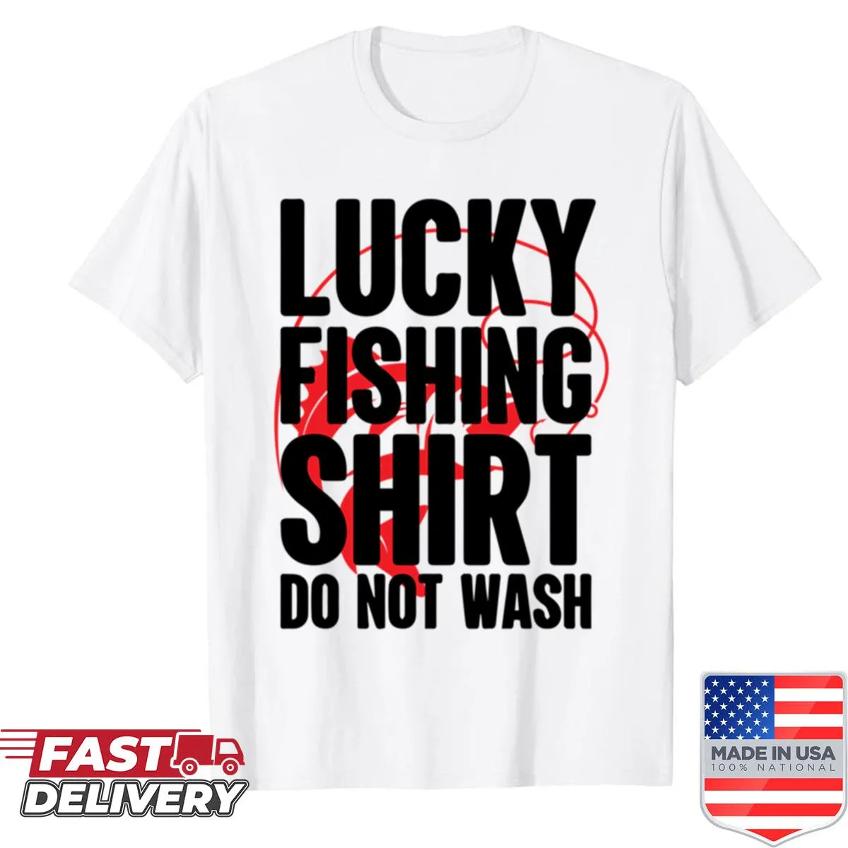 Playful fishing-themed shirt with whimsical graphics