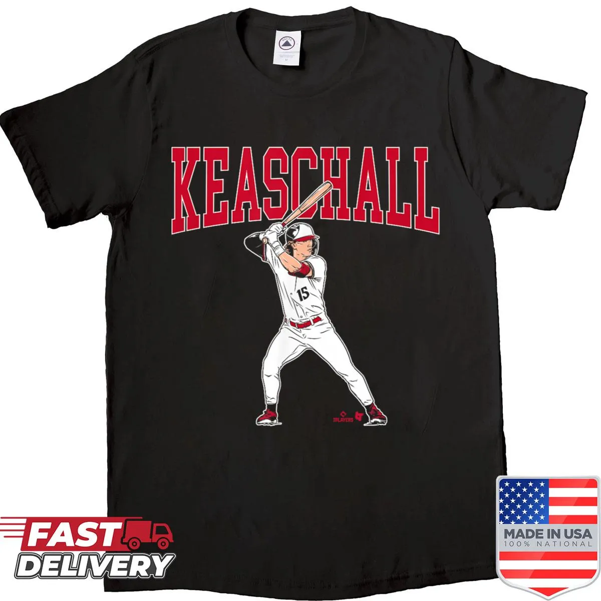 Minnesota baseball shirt featuring Luke Keaschall's swinging graphic