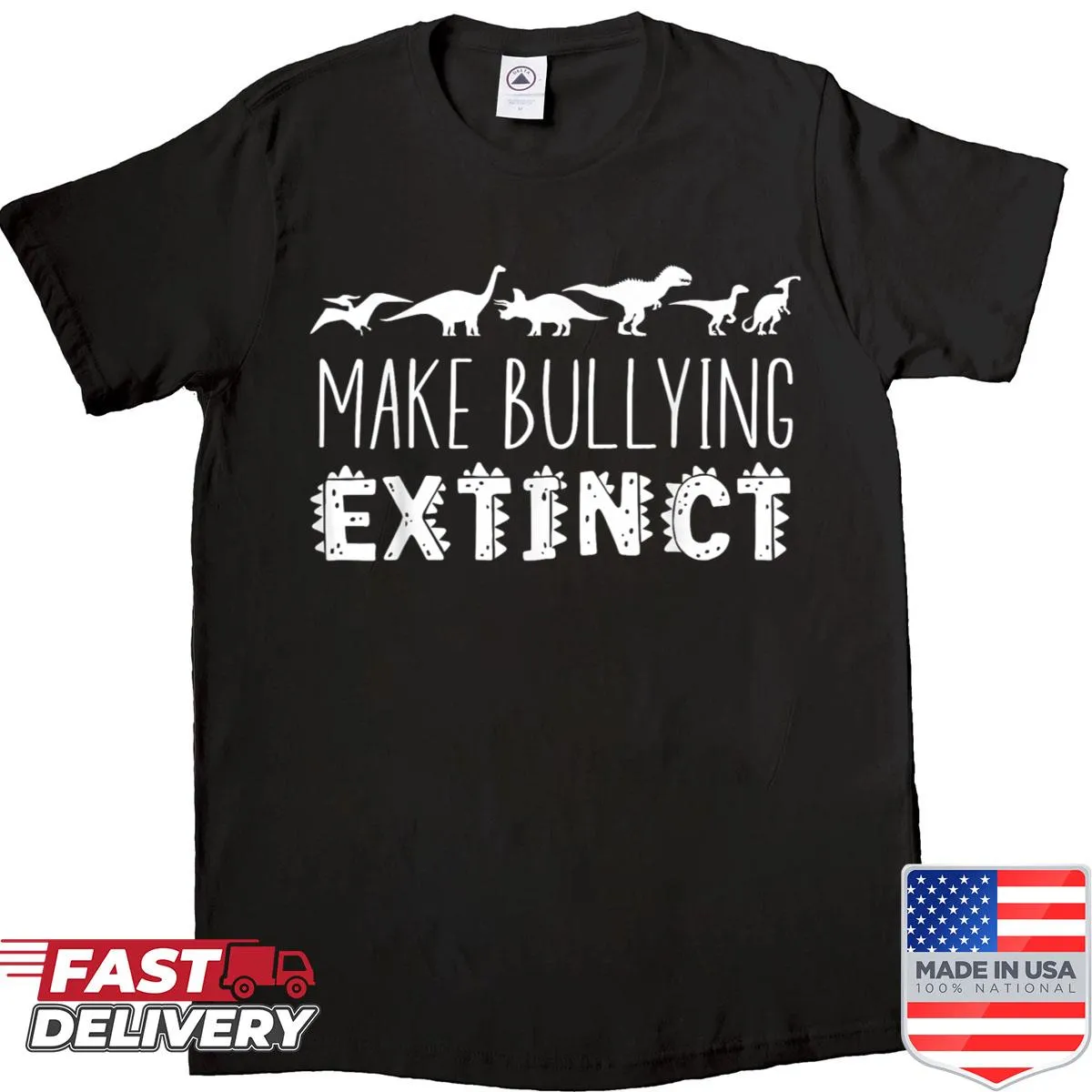 Dinosaur anti-bullying graphic on a kids shirt
