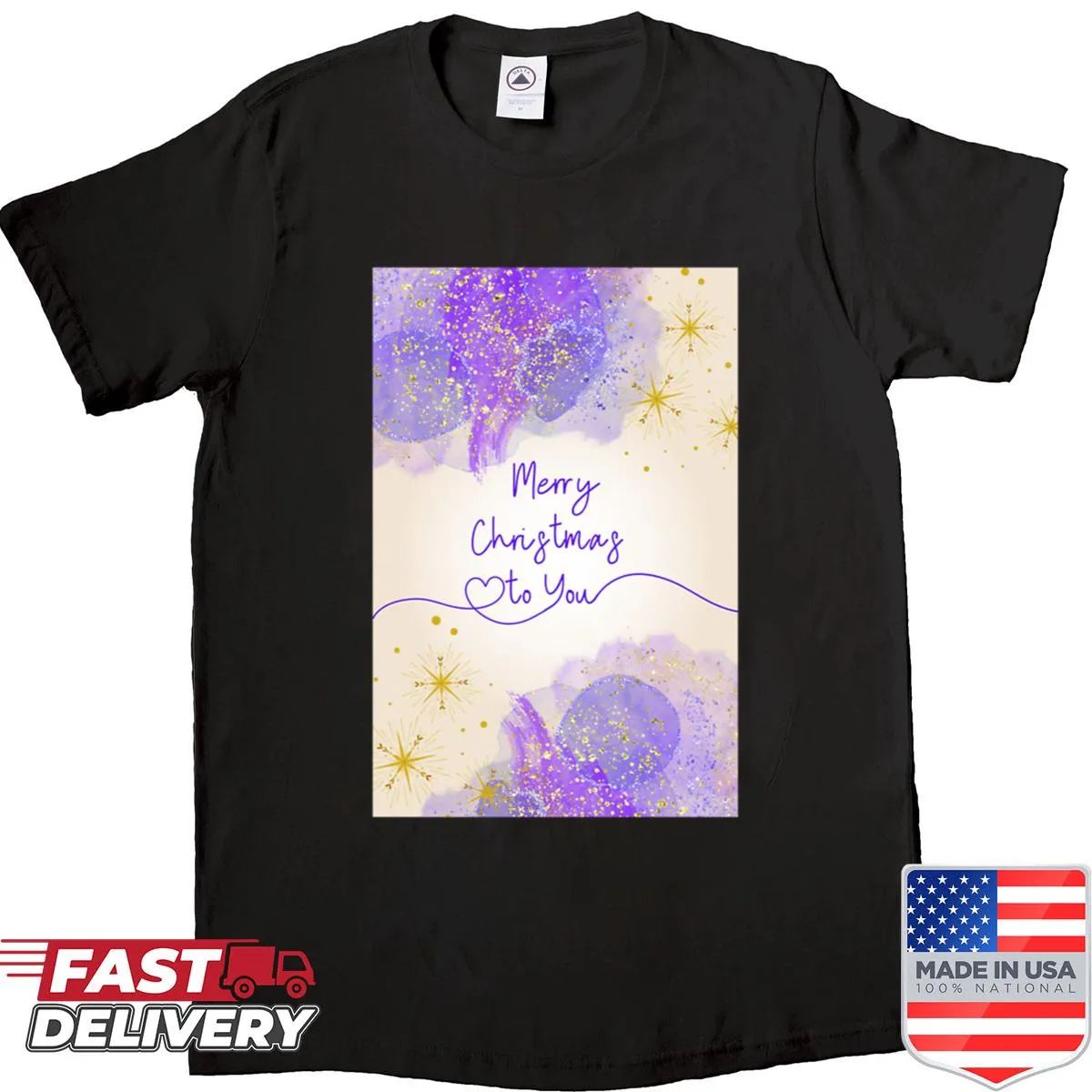 Festive Christmas card graphic on a shirt with purple crystal elements
