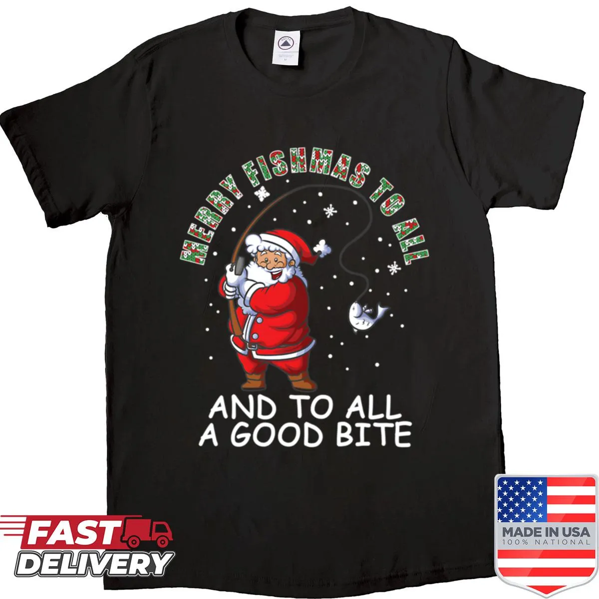 Whimsical 'Merry Fishmas' graphic on a family pajama shirt