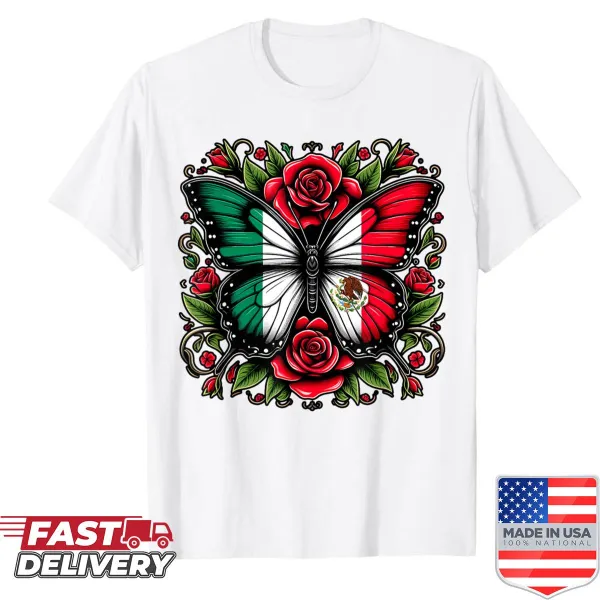 Mexican Independence Day shirt with butterfly and flag illustration.