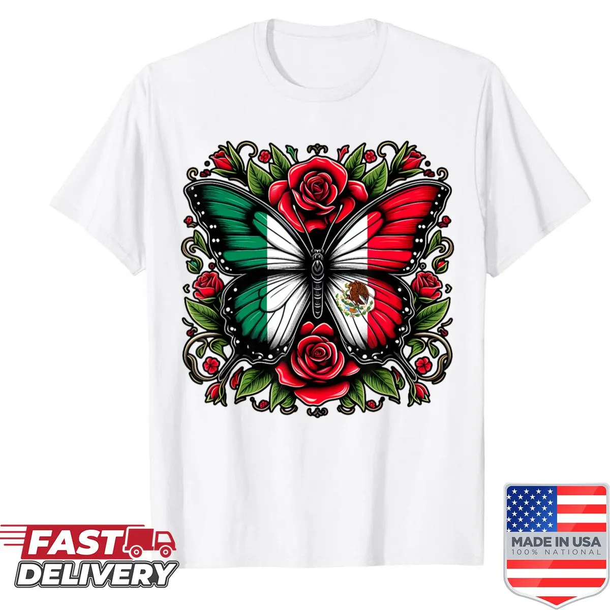 Mexican Independence Day shirt with butterfly and flag illustration.