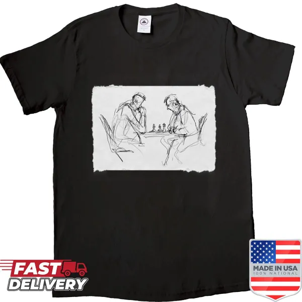 Minimalist line-art T-shirt depicting chess players