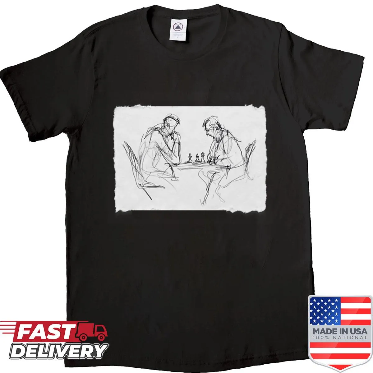 Minimalist line-art T-shirt depicting chess players