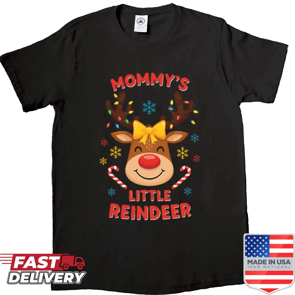 Cute holiday shirt for kids saying 'Mommy's Little Reindeer'.