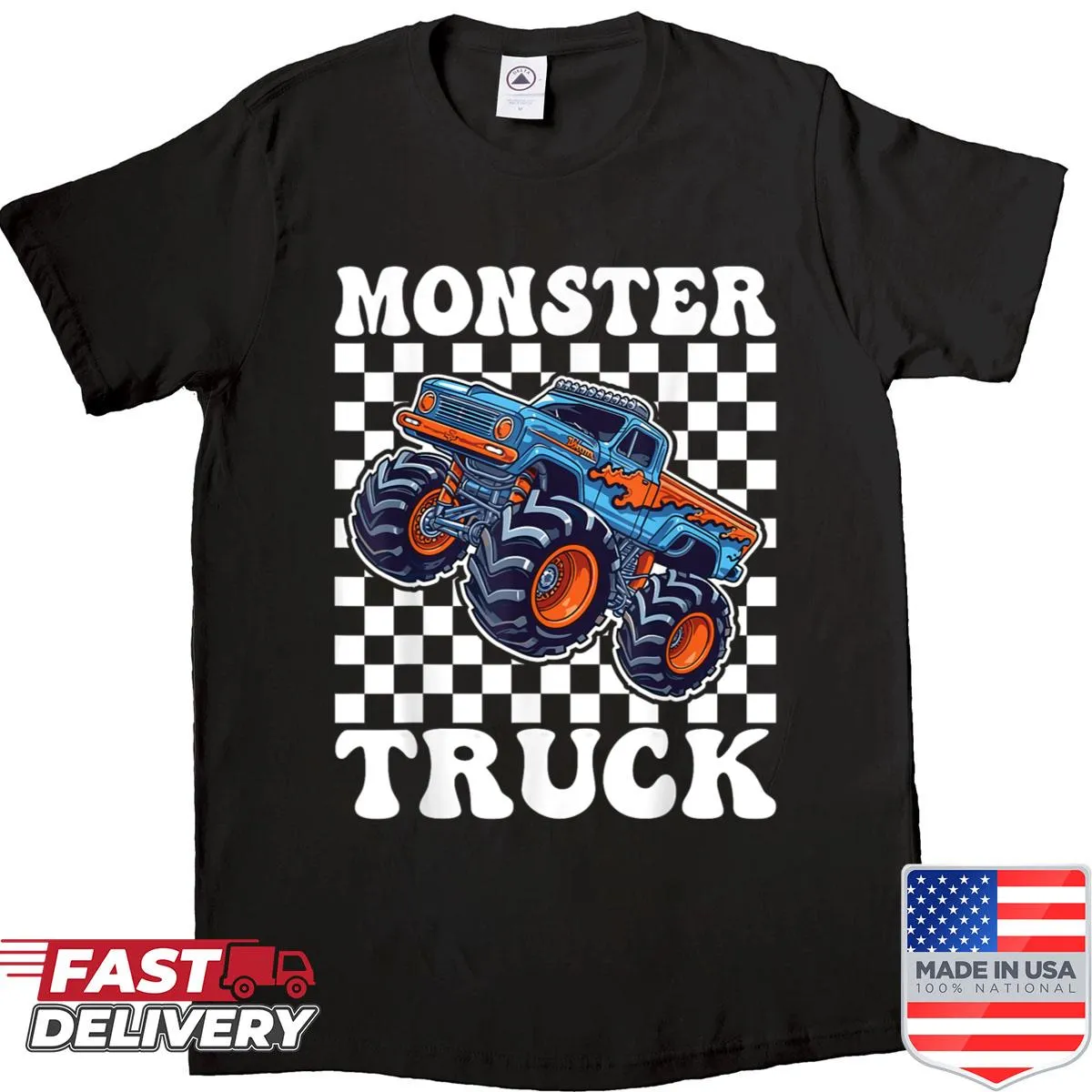 Retro monster truck design for kids' shirt